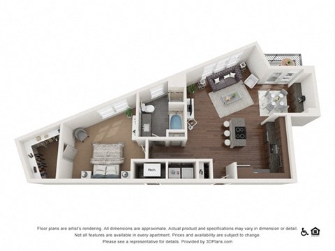 Floor plan for 1 bed, 1 bath, 968 sqft